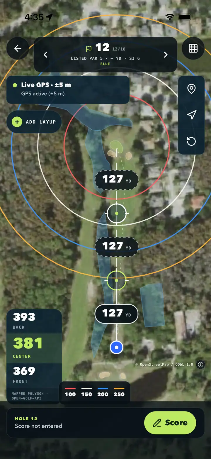 Pin High mobile golf app with a satellite hole map, draggable layup targets, yardage rings and front, center and back green distances.