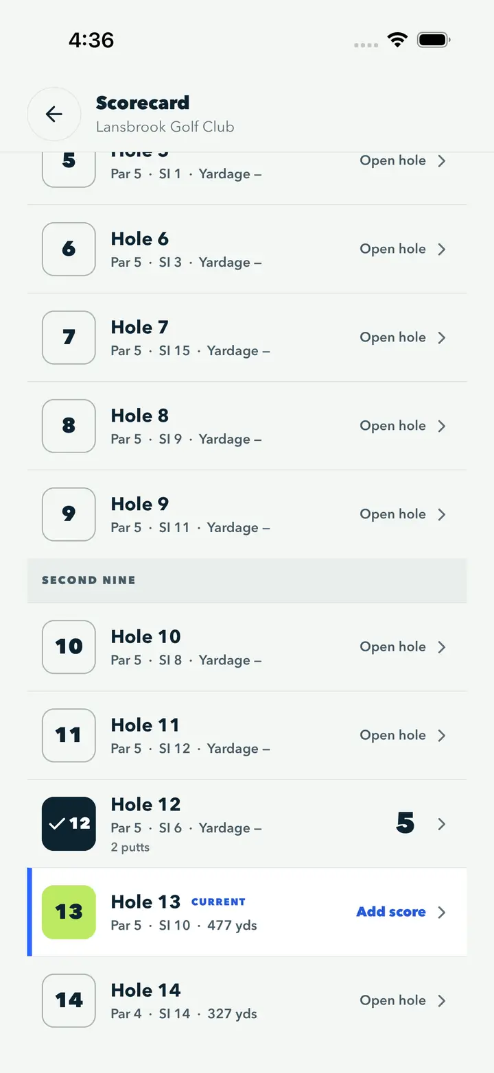Pin High scorecard showing a saved five-stroke score with two putts on Hole 12 and Hole 13 ready for the next score.