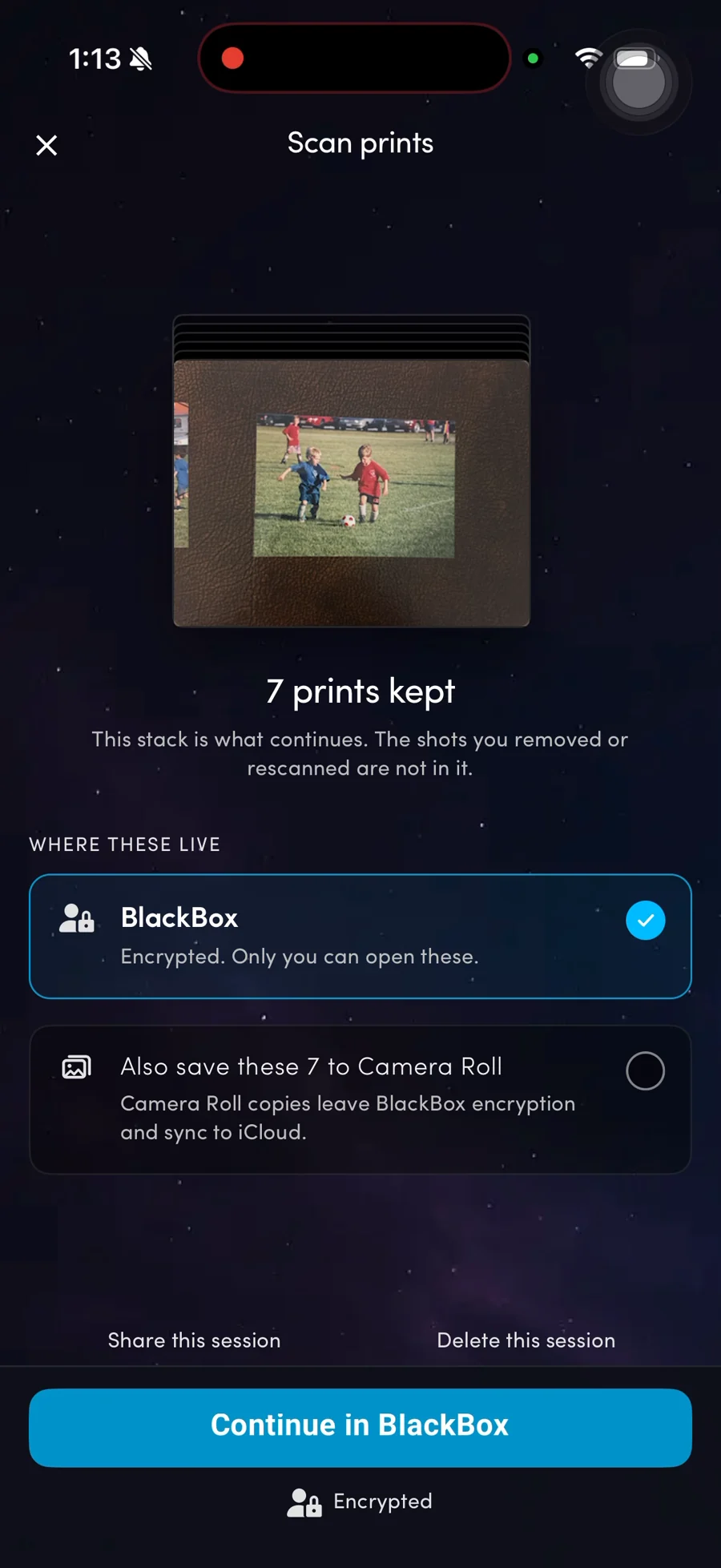 Blackbox review screen showing seven prints and separate choices for encrypted Blackbox storage and Camera Roll copies.