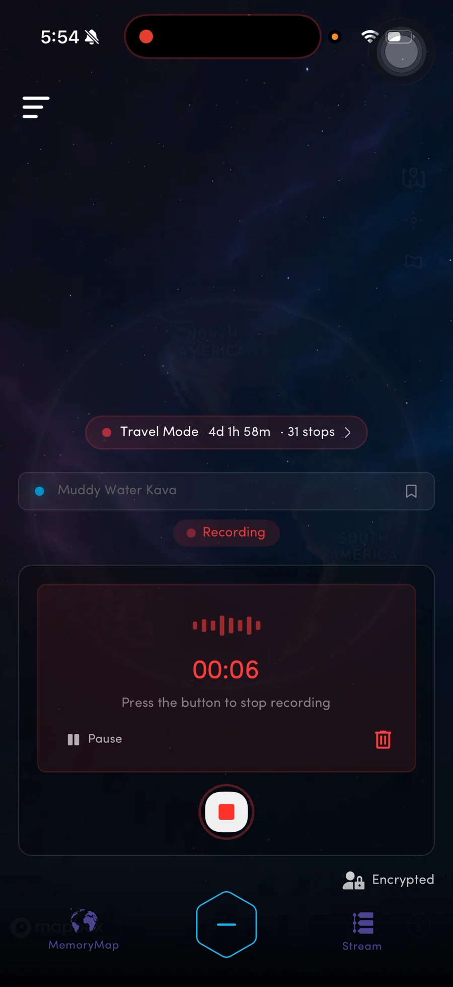 Blackbox mobile voice recorder with a six-second timer, pause and stop controls over the memory map.