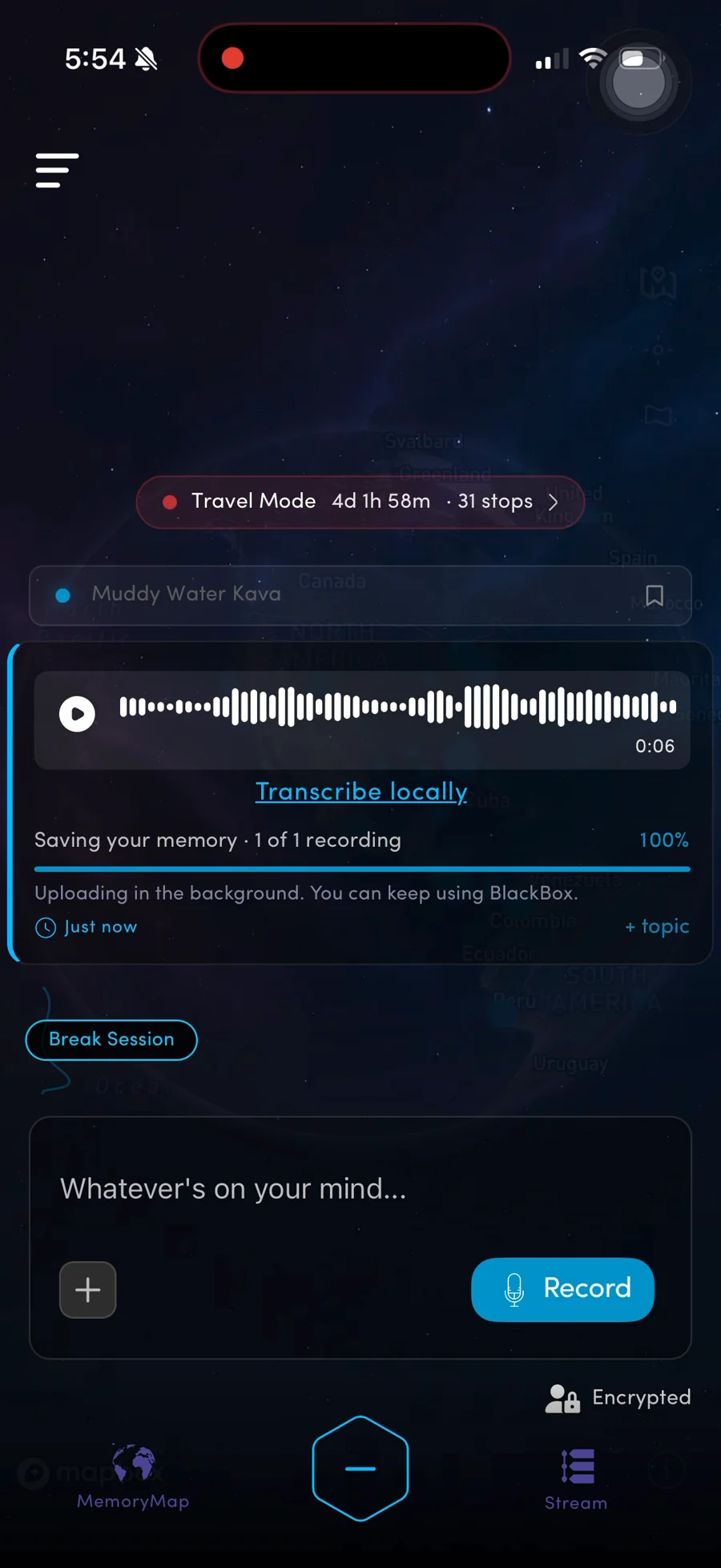 Blackbox voice memory card with an audio waveform, local transcription action and completed background saving indicator.