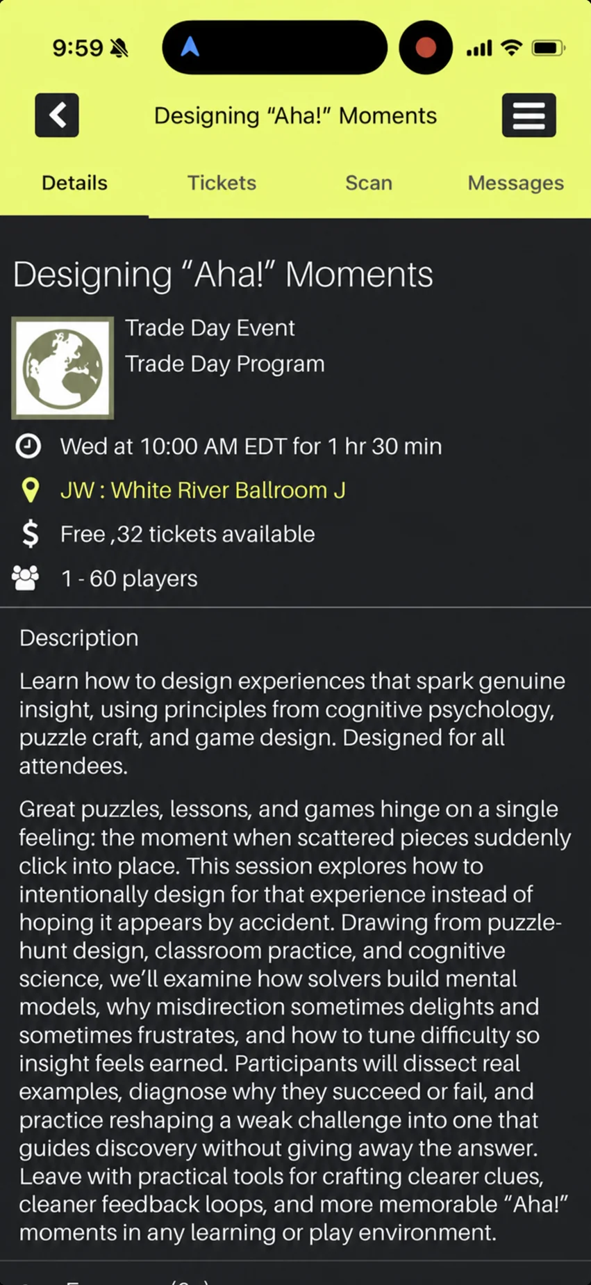 Gen Con event details for Designing Aha Moments, with time, location, availability and a description.