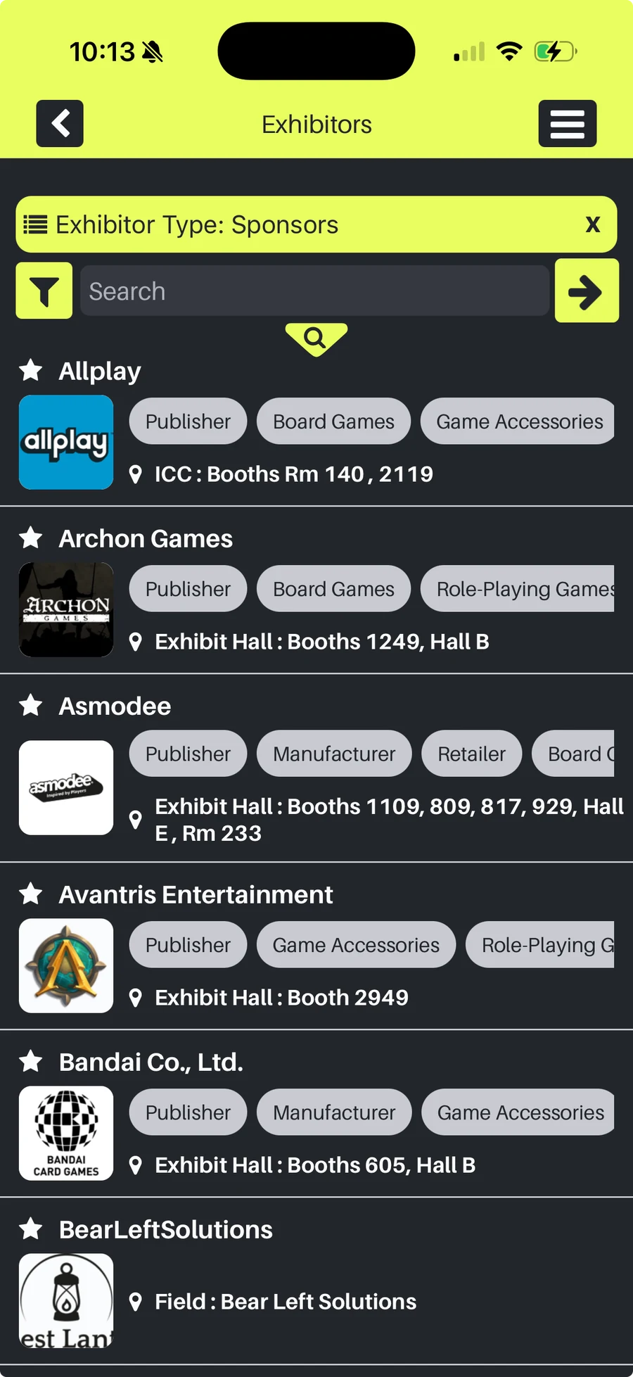 Gen Con exhibitor directory filtered to sponsors, with search, company categories and booth locations.