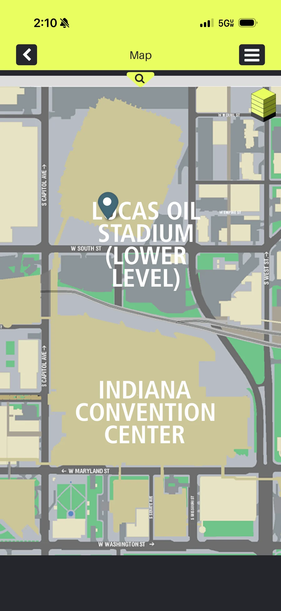 Gen Con mobile map showing Lucas Oil Stadium and the Indiana Convention Center.