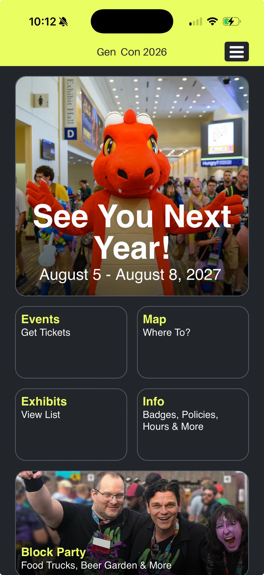Gen Con mobile home screen with the See You Next Year announcement and shortcuts to events, maps, exhibits and convention information.