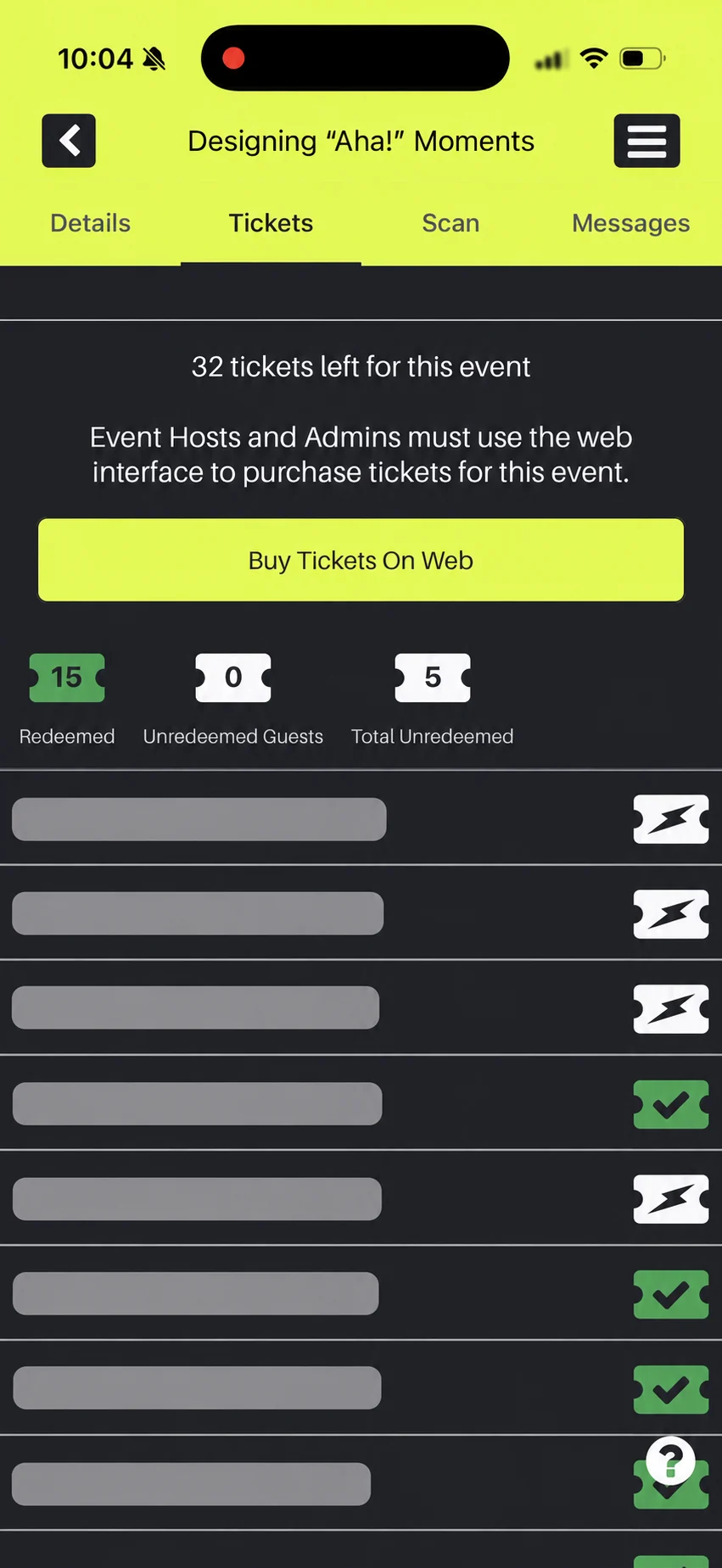 Gen Con event ticket summary with the attendee roster redacted and the original ticket status icons visible.