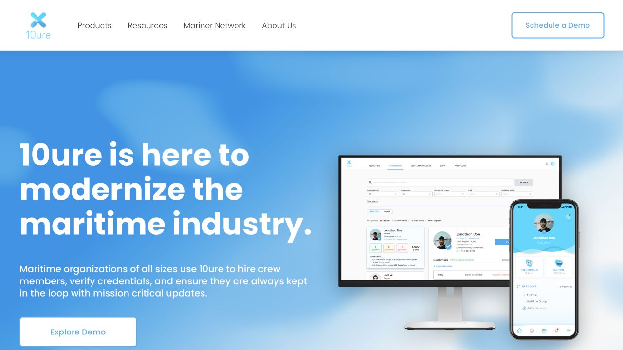 10ure homepage showing its maritime crew platform on desktop and mobile.
