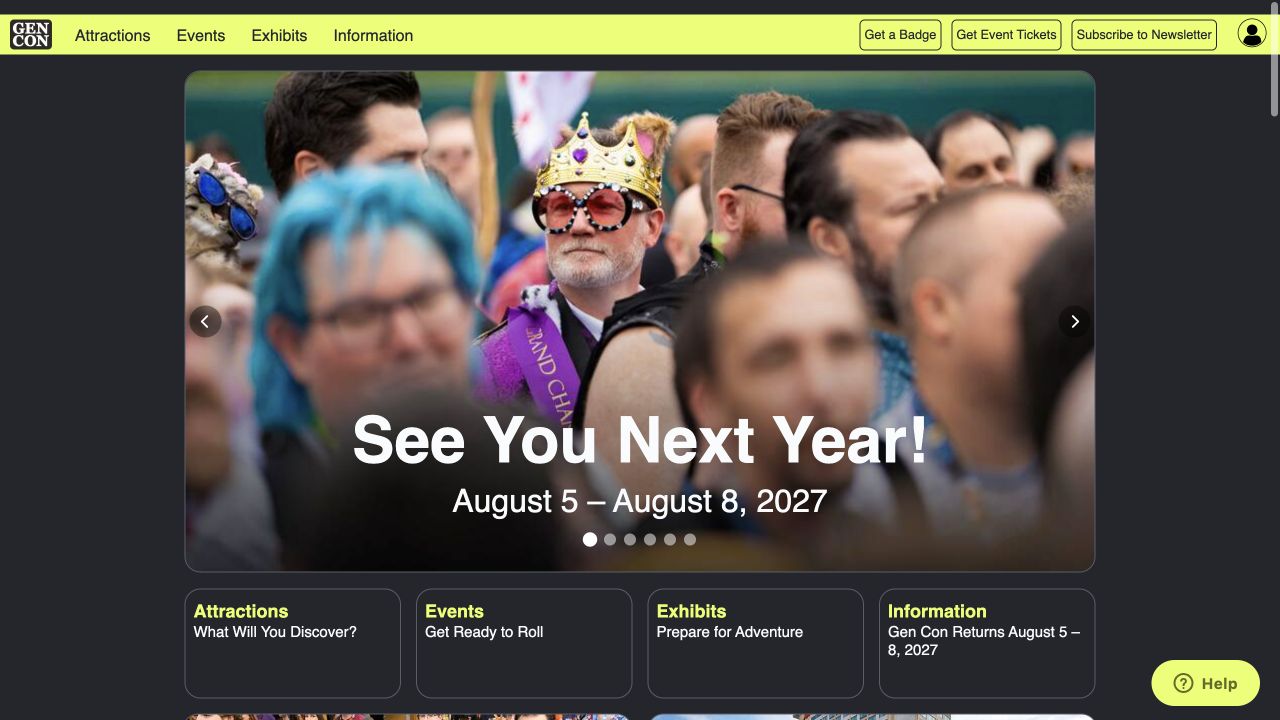 Gen Con homepage with convention photography and visitor information.